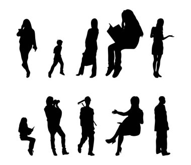 Vektör siluetleri, insanların ana hatları, Contour çizimleri, insanların siluetleri, ikon kümesi izole edilmiş, oturan insanların silueti, mimari set