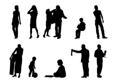 Vektör siluetleri, insanların ana hatları, Contour çizimleri, insanların siluetleri, ikon kümesi izole edilmiş, oturan insanların silueti, mimari set