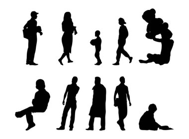 Vektör siluetleri, insanların ana hatları, Contour çizimleri, insanların siluetleri, ikon kümesi izole edilmiş, oturan insanların silueti, mimari set