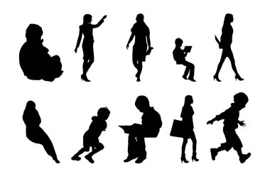 Vektör siluetleri, insanların ana hatları, Contour çizimleri, insanların siluetleri, ikon kümesi izole edilmiş, oturan insanların silueti, mimari set