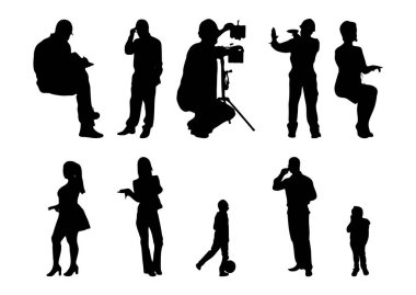 Vektör siluetleri, insanların ana hatları, Contour çizimleri, insanların siluetleri, ikon kümesi izole edilmiş, oturan insanların silueti, mimari set