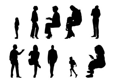 Vektör siluetleri, insanların ana hatları, Contour çizimleri, insanların siluetleri, ikon kümesi izole edilmiş, oturan insanların silueti, mimari set