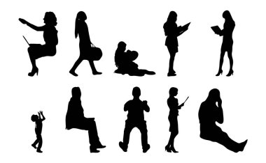 Vektör siluetleri, insanların ana hatları, Contour çizimleri, insanların siluetleri, ikon kümesi izole edilmiş, oturan insanların silueti, mimari set