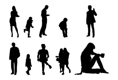 Vektör siluetleri, insanların ana hatları, Contour çizimleri, insanların siluetleri, ikon kümesi izole edilmiş, oturan insanların silueti, mimari set
