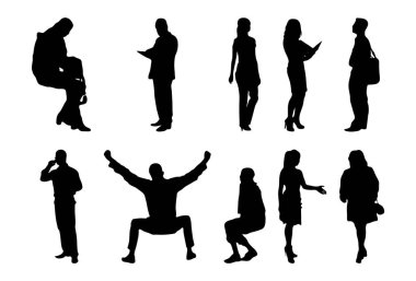 Vektör siluetleri, insanların ana hatları, Contour çizimleri, insanların siluetleri, ikon kümesi izole edilmiş, oturan insanların silueti, mimari set