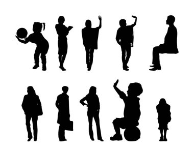 Vektör siluetleri, insanların ana hatları, Contour çizimleri, insanların siluetleri, ikon kümesi izole edilmiş, oturan insanların silueti, mimari set