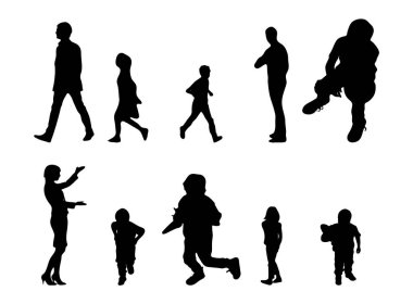 Vektör siluetleri, insanların ana hatları, Contour çizimleri, insanların siluetleri, ikon kümesi izole edilmiş, oturan insanların silueti, mimari set