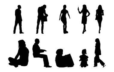 Vektör siluetleri, insanların ana hatları, Contour çizimleri, insanların siluetleri, ikon kümesi izole edilmiş, oturan insanların silueti, mimari set