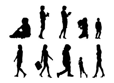 Vektör siluetleri, insanların ana hatları, Contour çizimleri, insanların siluetleri, ikon kümesi izole edilmiş, oturan insanların silueti, mimari set