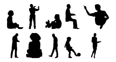 Vektör siluetleri, insanların ana hatları, Contour çizimleri, insanların siluetleri, ikon kümesi izole edilmiş, oturan insanların silueti, mimari set