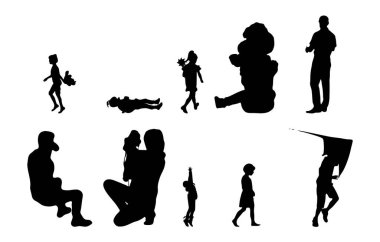 Vektör siluetleri, insanların ana hatları, Contour çizimleri, insanların siluetleri, ikon kümesi izole edilmiş, oturan insanların silueti, mimari set