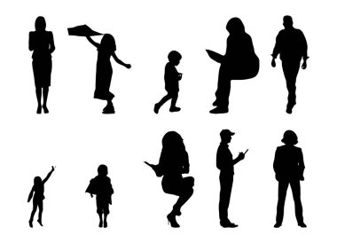 Vektör siluetleri, insanların ana hatları, Contour çizimleri, insanların siluetleri, ikon kümesi izole edilmiş, oturan insanların silueti, mimari set