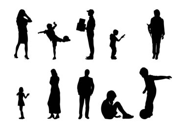 Vektör siluetleri, insanların ana hatları, Contour çizimleri, insanların siluetleri, ikon kümesi izole edilmiş, oturan insanların silueti, mimari set