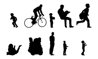 Vektör siluetleri, insanların ana hatları, Contour çizimleri, insanların siluetleri, ikon kümesi izole edilmiş, oturan insanların silueti, mimari set