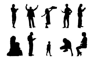 Vektör siluetleri, insanların ana hatları, Contour çizimleri, insanların siluetleri, ikon kümesi izole edilmiş, oturan insanların silueti, mimari set