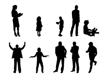 Vektör siluetleri, insanların ana hatları, Contour çizimleri, insanların siluetleri, ikon kümesi izole edilmiş, oturan insanların silueti, mimari set