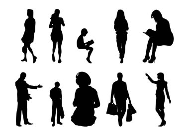 Vektör siluetleri, insanların ana hatları, Contour çizimleri, insanların siluetleri, ikon kümesi izole edilmiş, oturan insanların silueti, mimari set