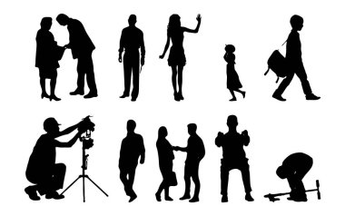 Vektör siluetleri, insanların ana hatları, Contour çizimleri, insanların siluetleri, ikon kümesi izole edilmiş, oturan insanların silueti, mimari set