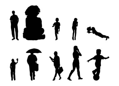 Vektör siluetleri, insanların ana hatları, Contour çizimleri, insanların siluetleri, ikon kümesi izole edilmiş, oturan insanların silueti, mimari set