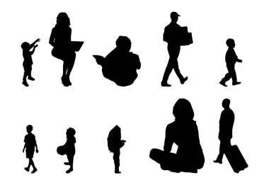 Vektör siluetleri, insanların ana hatları, Contour çizimleri, insanların siluetleri, ikon kümesi izole edilmiş, oturan insanların silueti, mimari set