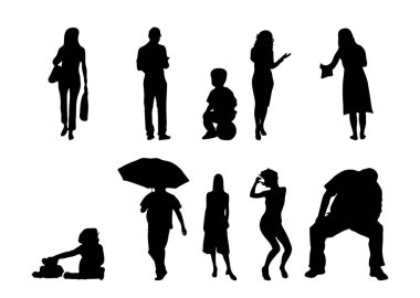 Vektör siluetleri, insanların ana hatları, Contour çizimleri, insanların siluetleri, ikon kümesi izole edilmiş, oturan insanların silueti, mimari set
