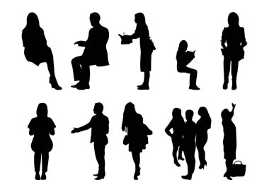Vektör siluetleri, insanların ana hatları, Contour çizimleri, insanların siluetleri, ikon kümesi izole edilmiş, oturan insanların silueti, mimari set