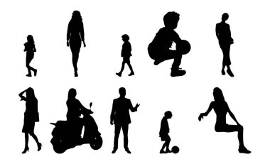 Vektör siluetleri, insanların ana hatları, Contour çizimleri, insanların siluetleri, ikon kümesi izole edilmiş, oturan insanların silueti, mimari set