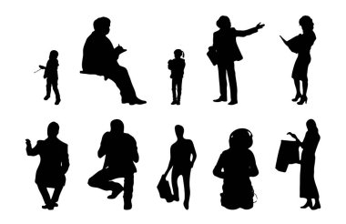 Vektör siluetleri, insanların ana hatları, Contour çizimleri, insanların siluetleri, ikon kümesi izole edilmiş, oturan insanların silueti, mimari set