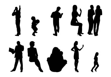 Vektör siluetleri, insanların ana hatları, Contour çizimleri, insanların siluetleri, ikon kümesi izole edilmiş, oturan insanların silueti, mimari set