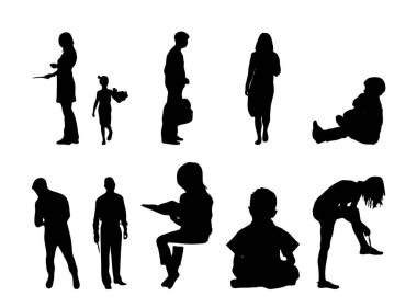 Vektör siluetleri, insanların ana hatları, Contour çizimleri, insanların siluetleri, ikon kümesi izole edilmiş, oturan insanların silueti, mimari set
