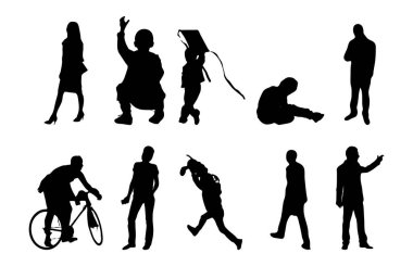 Vektör siluetleri, insanların ana hatları, Contour çizimleri, insanların siluetleri, ikon kümesi izole edilmiş, oturan insanların silueti, mimari set