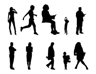 Vektör siluetleri, insanların ana hatları, Contour çizimleri, insanların siluetleri, ikon kümesi izole edilmiş, oturan insanların silueti, mimari set