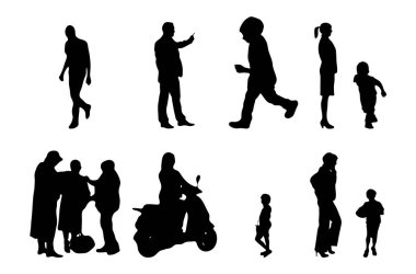 Vektör siluetleri, insanların ana hatları, Contour çizimleri, insanların siluetleri, ikon kümesi izole edilmiş, oturan insanların silueti, mimari set