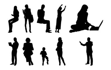 Vektör siluetleri, insanların ana hatları, Contour çizimleri, insanların siluetleri, ikon kümesi izole edilmiş, oturan insanların silueti, mimari set