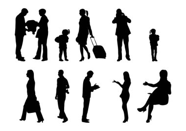 Vektör siluetleri, insanların ana hatları, Contour çizimleri, insanların siluetleri, ikon kümesi izole edilmiş, oturan insanların silueti, mimari set
