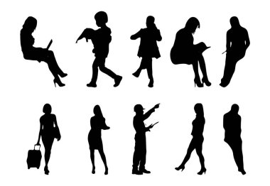 Vektör siluetleri, insanların ana hatları, Contour çizimleri, insanların siluetleri, ikon kümesi izole edilmiş, oturan insanların silueti, mimari set