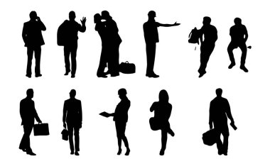 Vektör siluetleri, insanların ana hatları, Contour çizimleri, insanların siluetleri, ikon kümesi izole edilmiş, oturan insanların silueti, mimari set