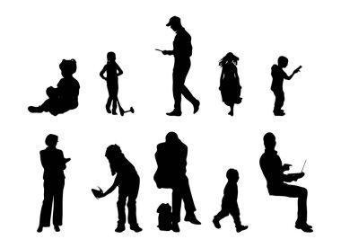 Vektör siluetleri, insanların ana hatları, Contour çizimleri, insanların siluetleri, ikon kümesi izole edilmiş, oturan insanların silueti, mimari set