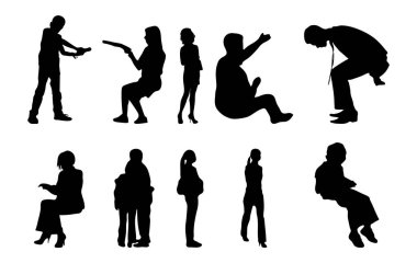 Vektör siluetleri, insanların ana hatları, Contour çizimleri, insanların siluetleri, ikon kümesi izole edilmiş, oturan insanların silueti, mimari set