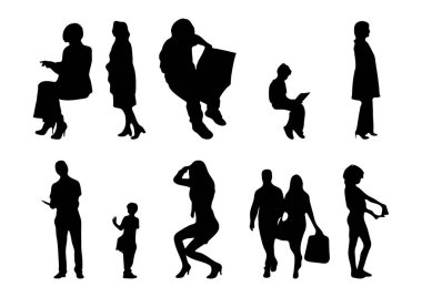 Vektör siluetleri, insanların ana hatları, Contour çizimleri, insanların siluetleri, ikon kümesi izole edilmiş, oturan insanların silueti, mimari set