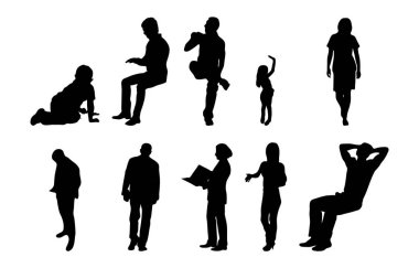 Vektör siluetleri, insanların ana hatları, Contour çizimleri, insanların siluetleri, ikon kümesi izole edilmiş, oturan insanların silueti, mimari set