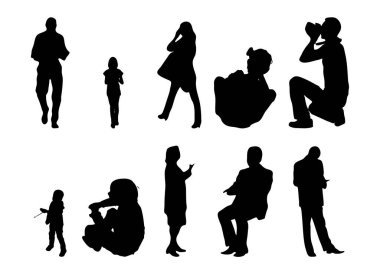 Vektör siluetleri, insanların ana hatları, Contour çizimleri, insanların siluetleri, ikon kümesi izole edilmiş, oturan insanların silueti, mimari set
