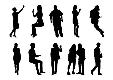Vektör siluetleri, insanların ana hatları, Contour çizimleri, insanların siluetleri, ikon kümesi izole edilmiş, oturan insanların silueti, mimari set