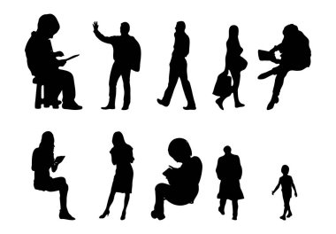 Vektör siluetleri, insanların ana hatları, Contour çizimleri, insanların siluetleri, ikon kümesi izole edilmiş, oturan insanların silueti, mimari set