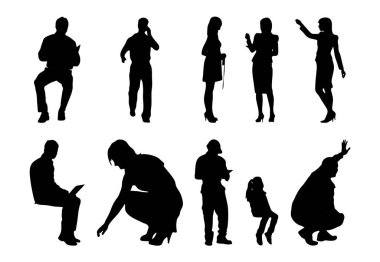 Vektör siluetleri, insanların ana hatları, Contour çizimleri, insanların siluetleri, ikon kümesi izole edilmiş, oturan insanların silueti, mimari set