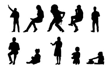 Vektör siluetleri, insanların ana hatları, Contour çizimleri, insanların siluetleri, ikon kümesi izole edilmiş, oturan insanların silueti, mimari set