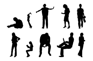 Vektör siluetleri, insanların ana hatları, Contour çizimleri, insanların siluetleri, ikon kümesi izole edilmiş, oturan insanların silueti, mimari set