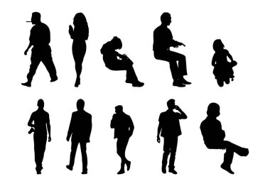 Vektör siluetleri, insanların ana hatları, Contour çizimleri, insanların siluetleri, ikon kümesi izole edilmiş, oturan insanların silueti, mimari set