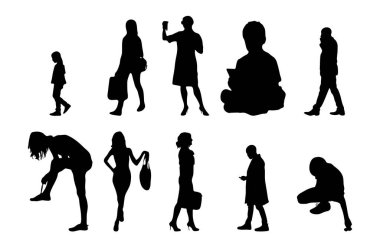 Vektör siluetleri, insanların ana hatları, Contour çizimleri, insanların siluetleri, ikon kümesi izole edilmiş, oturan insanların silueti, mimari set