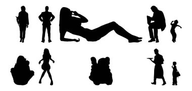 Vektör siluetleri, insanların ana hatları, Contour çizimleri, insanların siluetleri, ikon kümesi izole edilmiş, oturan insanların silueti, mimari set